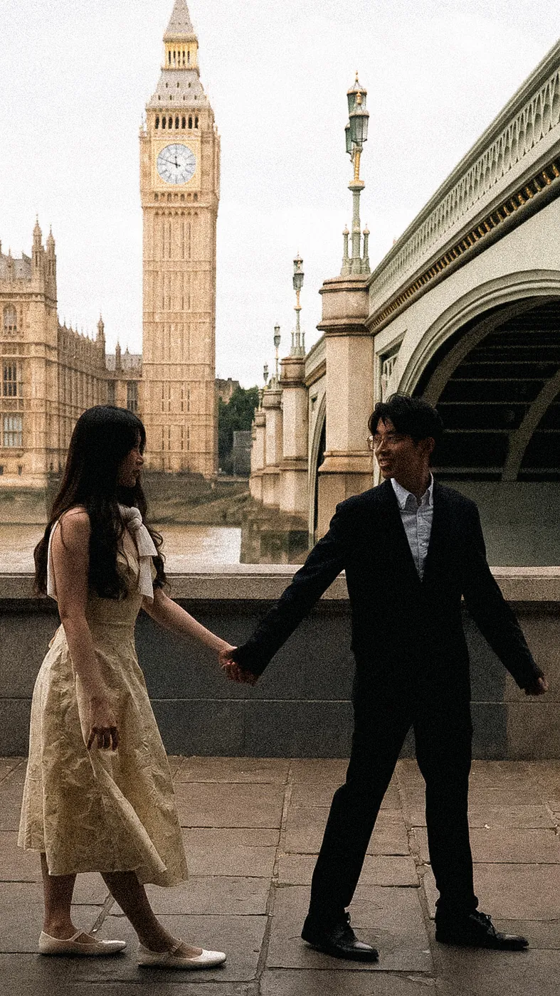 Surprise proposal photographer London couple holding hands by Big Ben and Westminster Bridge