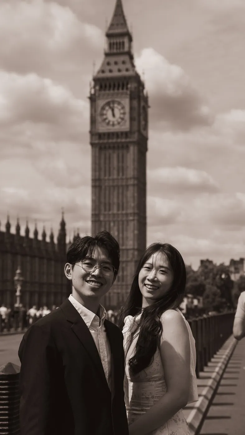 Surprise proposal photographer London engagement portrait on Westminster Bridge